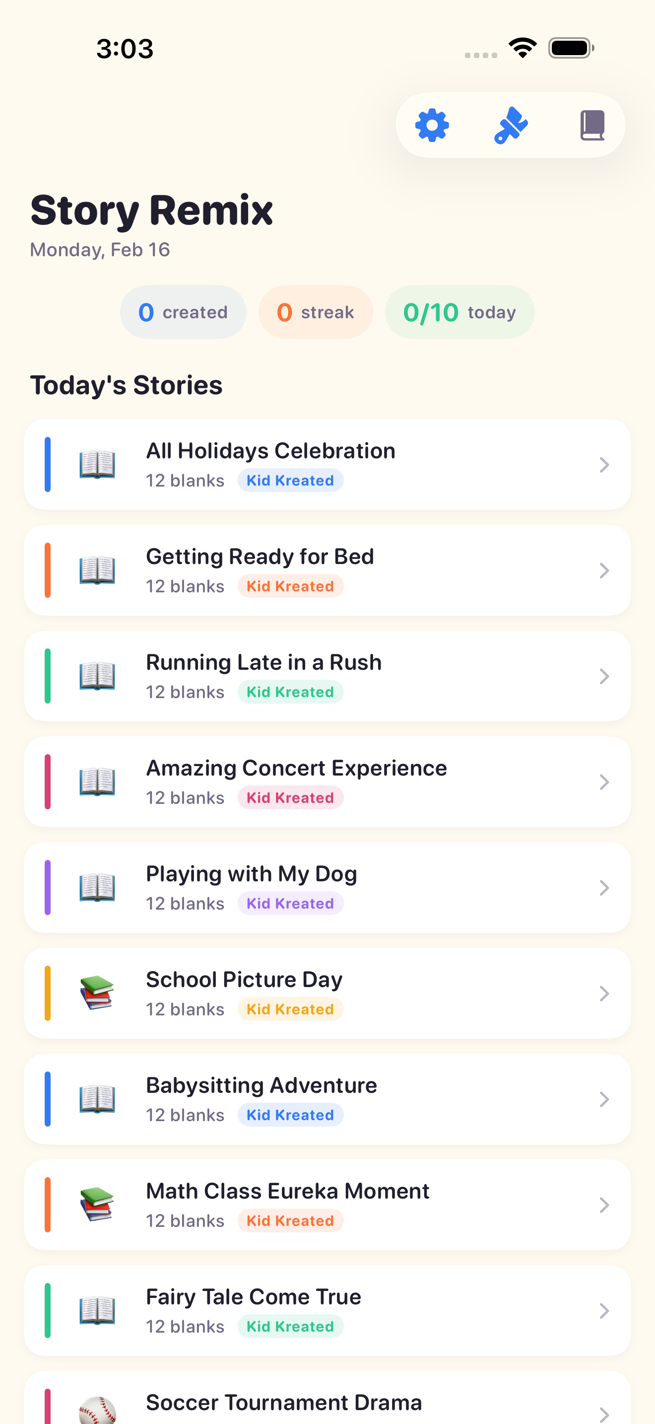 Story list screen showing 10 daily stories to choose from, organized by category with colorful icons