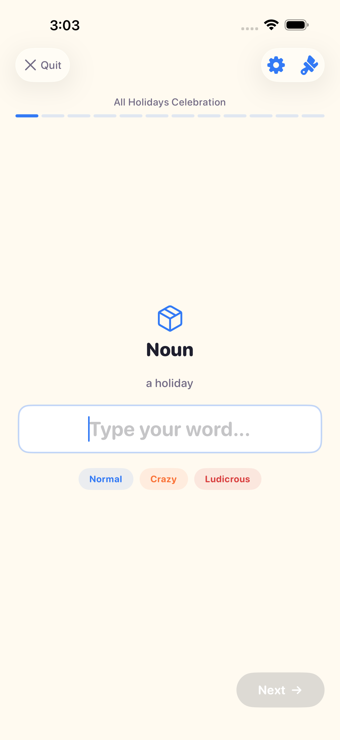 Fill-in-the-blank screen asking for a noun, with a text input field and submit button