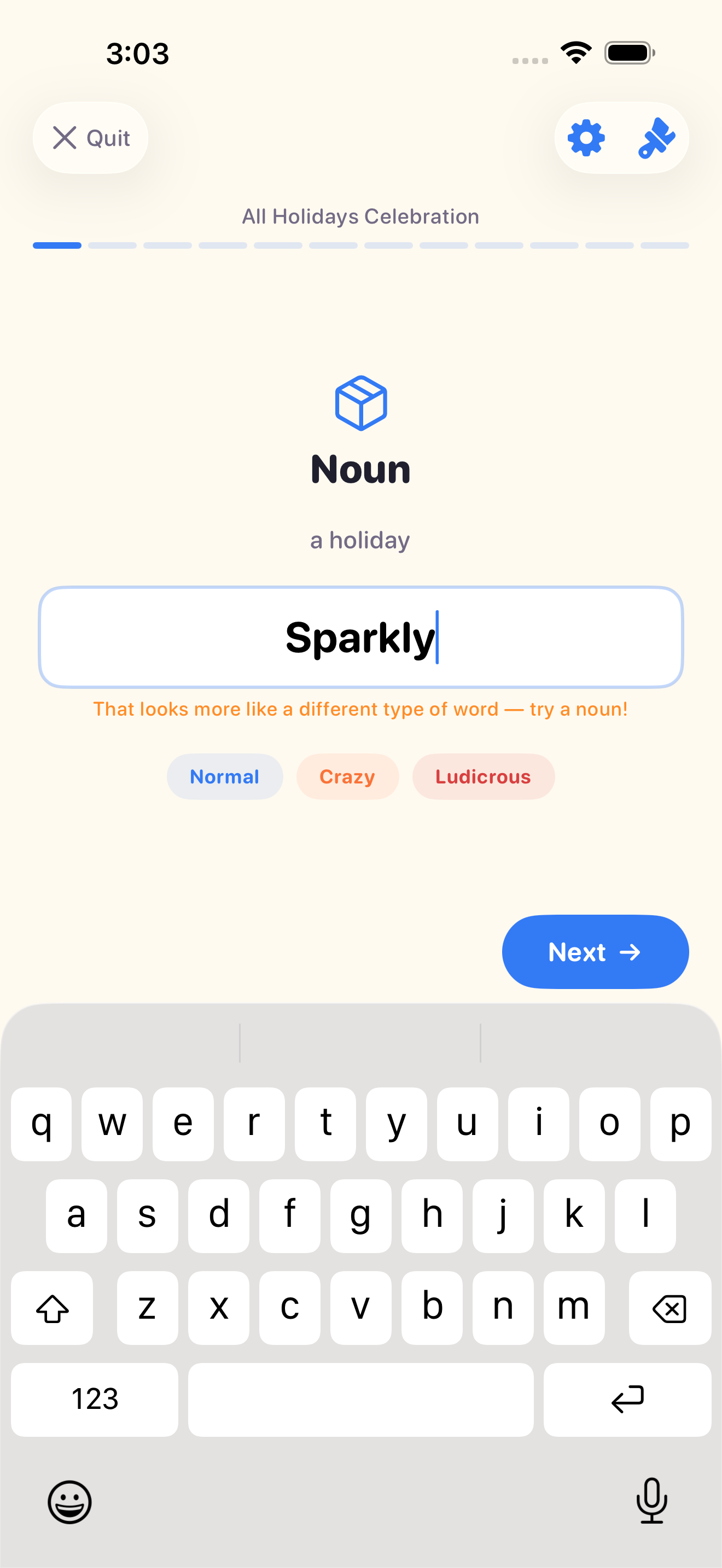 Word suggestion screen showing three silliness levels: Normal, Crazy, and Ludicrous with example words